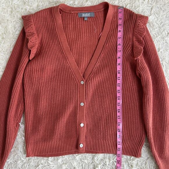 Marled Reunited Clothing Women's Sz L Mauve Ruffle Shoulder Cardigan #0378 - Picture 9 of 11